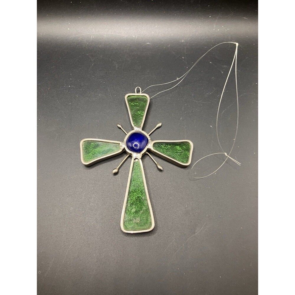Vintage Stained Glass Suncatcher Cross Religious Green & Blue